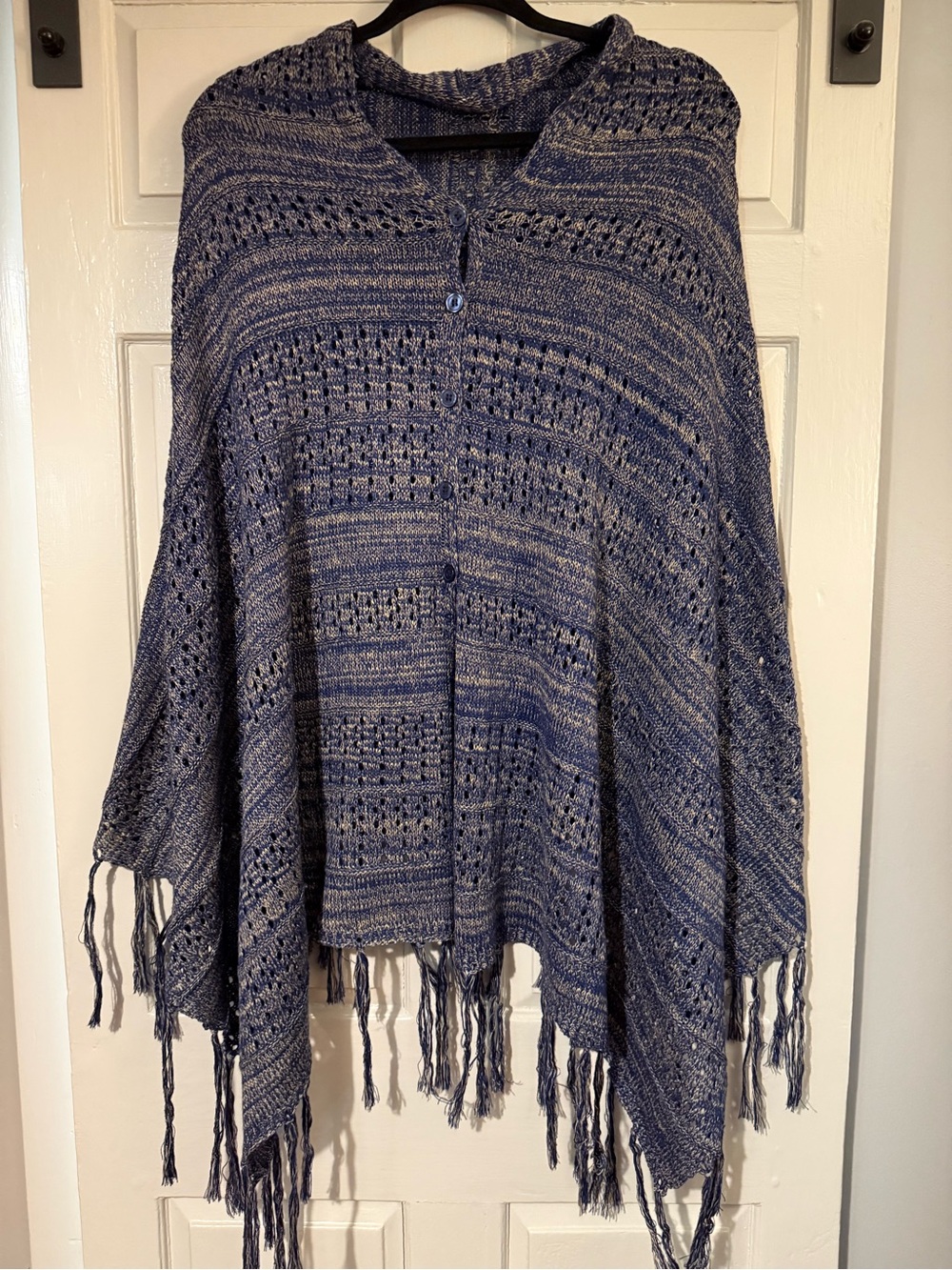 LuLaRoe Womens Blue Knit Fringe Poncho Sweater
